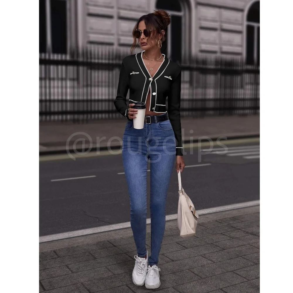 Black Cropped Cardigan Contrast White Binding Button Front - Picture 3 of 7